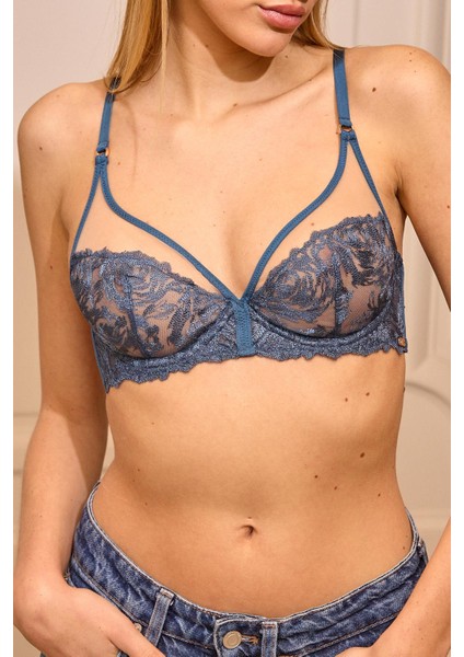 Monaco Petrol Mavisi Nakışlı Toparlayıcı Balenli Balkonet Transparan Sütyen fiyatları