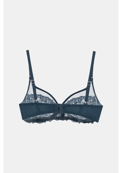 Monaco Petrol Mavisi Nakışlı Toparlayıcı Balenli Balkonet Transparan Sütyen