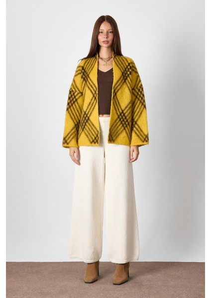 Hardal Ekoseli Oversize Triko Hırka