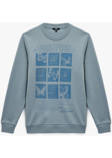 Uzun Kollu Bisiklet Yaka Şardonlu Baskılı Sweatshirt