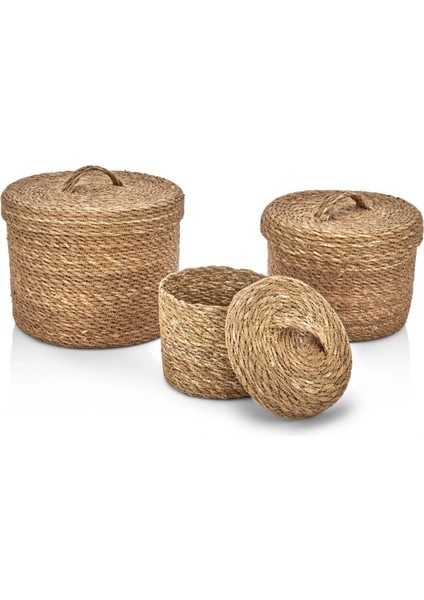 Dekoratif Kutu Natural Yuvarlak Düzenleyici Hasır Sepet 3 Lü Set CL-14026