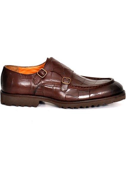 Hakiki Deri Kroko Baskı Kahverengi Klasik Erkek Ayakkabı Eva Taban Çift Toka Detaylı - 1202
