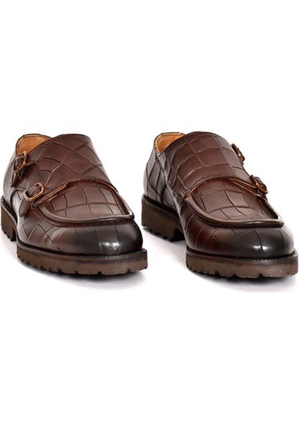 Hakiki Deri Kroko Baskı Kahverengi Klasik Erkek Ayakkabı Eva Taban Çift Toka Detaylı - 1202 fiyatları
