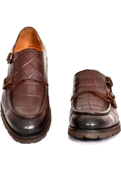Hakiki Deri Kroko Baskı Kahverengi Klasik Erkek Ayakkabı Eva Taban Çift Toka Detaylı - 1202 fırsatları