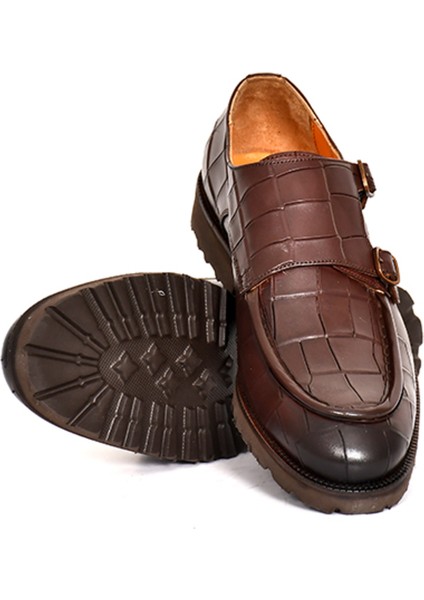 Hakiki Deri Kroko Baskı Kahverengi Klasik Erkek Ayakkabı Eva Taban Çift Toka Detaylı - 1202 indirimleri