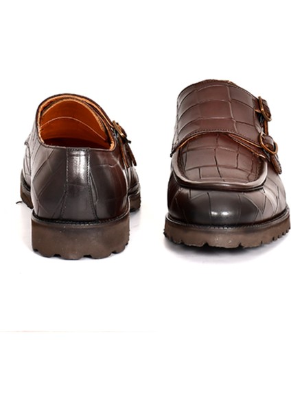 Hakiki Deri Kroko Baskı Kahverengi Klasik Erkek Ayakkabı Eva Taban Çift Toka Detaylı - 1202
