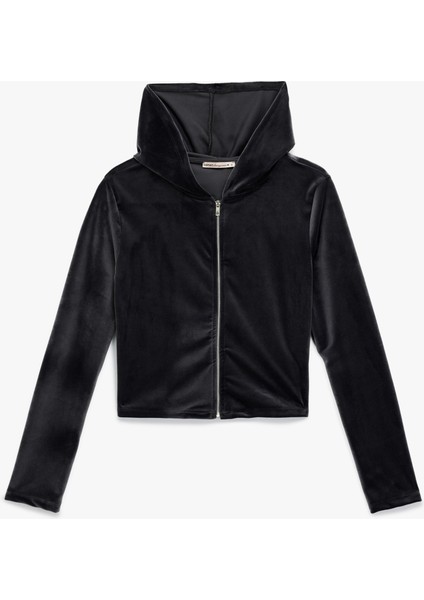 Fermuarlı Uzun Kollu Rahat Kalıp Kapüşonlu Crop Pijama Üstü