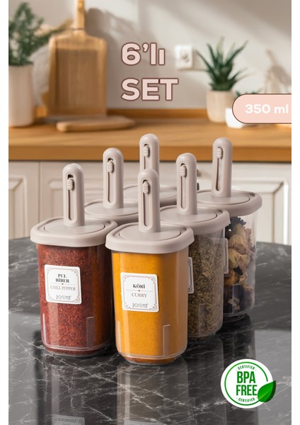 4362 Kaydırmalı Kaşıklı Baharatlık Seti 6'lı Şeffaf - Cappucino