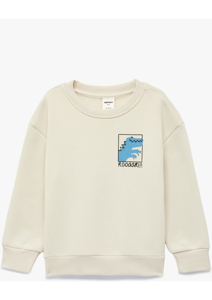 Dinozor Baskılı Uzun Kollu Bisiklet Yaka Oversize Sweatshirt