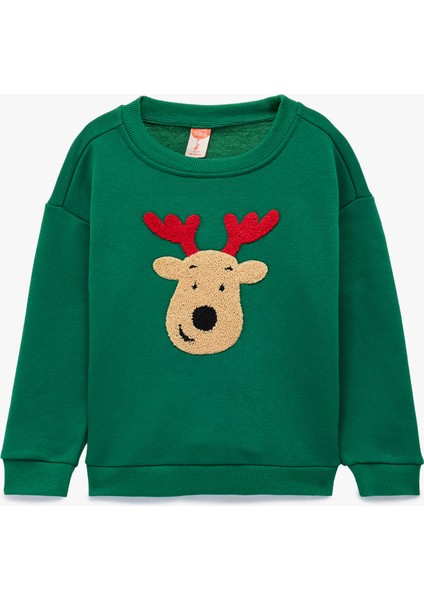 Geyik Nakışlı Uzun Kollu Bisiklet Yaka Sweatshirt