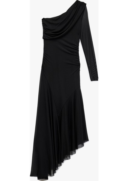 Uzun Kollu Asimetrik Etek Ucu Detaylı Midi Boy Tek Omuz Tül Elbise