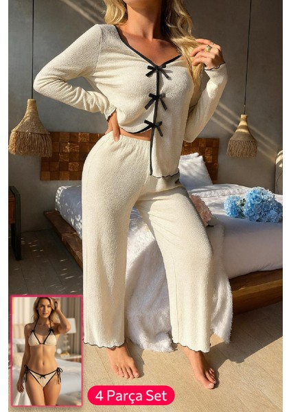 Kadın Beyaz Fiyonklu Iç Çamaşırı ve Uzun Kollu V Yaka Pijama Takımı 4'lü Set