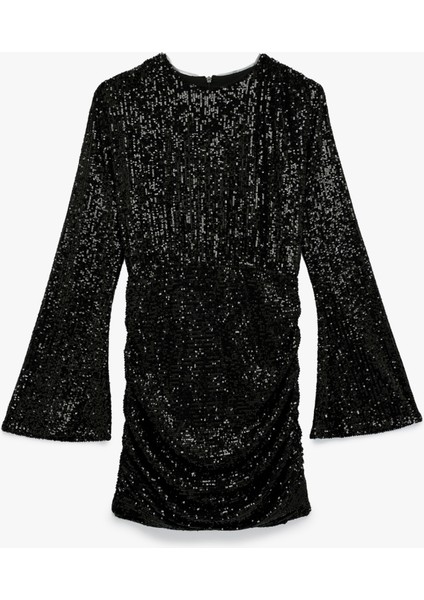 Drape Detaylı Uzun Kollu Bisiklet Yaka Pullu Payetli Mini Abiye Elbise