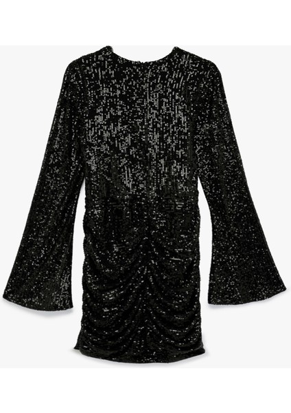 Drape Detaylı Uzun Kollu Bisiklet Yaka Pullu Payetli Mini Abiye Elbise fiyatları