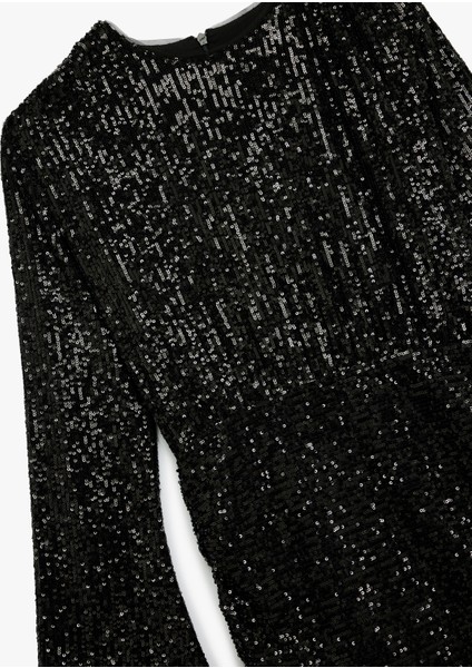 Drape Detaylı Uzun Kollu Bisiklet Yaka Pullu Payetli Mini Abiye Elbise modelleri