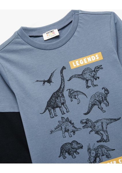 Dinozor Baskılı Uzun Kollu Bisiklet Yaka Pamuklu Tişört modelleri