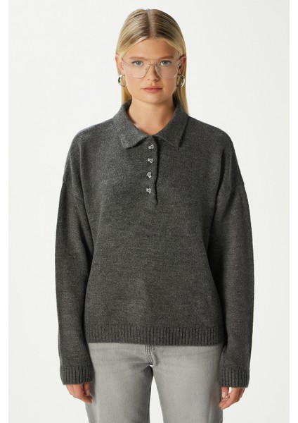 Kadın Otto Yumuşak Dokulu Polo Yaka Antrasit Kazak fiyatları