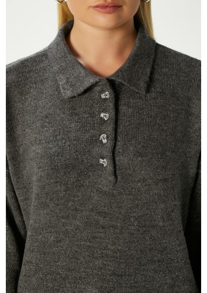 Kadın Otto Yumuşak Dokulu Polo Yaka Antrasit Kazak modelleri