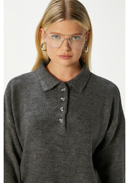 Kadın Otto Yumuşak Dokulu Polo Yaka Antrasit Kazak indirimleri