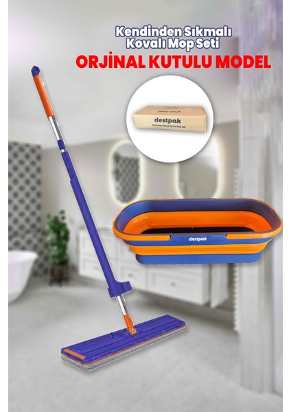 Kendinden Sıkmalı Mop Seti - Kendinden Sıkmalı Mop + Katlanabilir Tekerlekli Kova + 1 Adet Yedek Bez