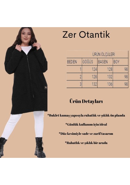 Dik Yaka Buklet Büyük Beden Uzun Mont Siyah