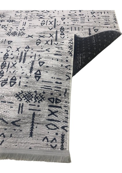 Iskandinav Kabartmalı Saçaklı Gri Kaymaz Taban Yıkanabilir Kesme Yolluk Halı