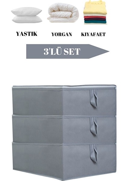 3'lü Set Antrasit Çekyat Baza Tipi Yastık Yorgan Saklama Hurcu-Baza Altı Düzenleyici 65X45X22 cm