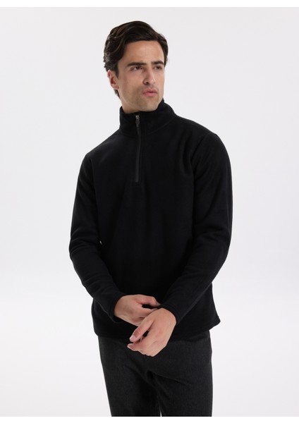 Bisiklet Yaka Düz Siyah Erkek Sweatshırt PBF5WM-SWT 5054