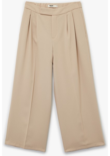 Pile Detaylı Düz Geniş Kısa Paça Kumaş Pantolon