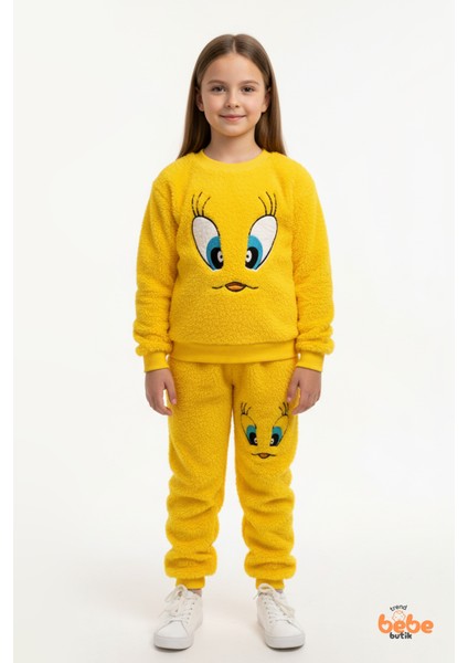 Sarı Tweety Nakışlı Welsoft Polar Kız Çocuk Eşofman Takımı ,sıcak, Yumuşak, Kışlık Pijama Takımı
