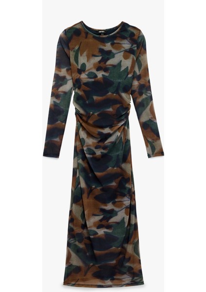 Uzun Kollu Bisiklet Yaka Drape Detaylı Uzun Floral Desenli Elbise