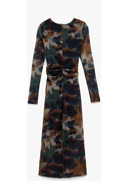 Uzun Kollu Bisiklet Yaka Drape Detaylı Uzun Floral Desenli Elbise fiyatları