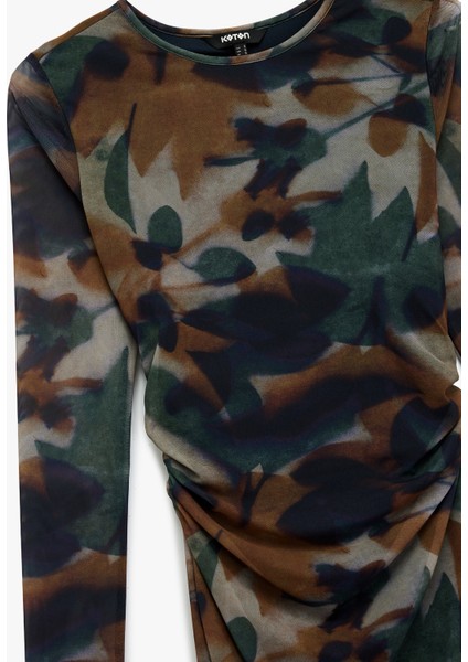 Uzun Kollu Bisiklet Yaka Drape Detaylı Uzun Floral Desenli Elbise modelleri