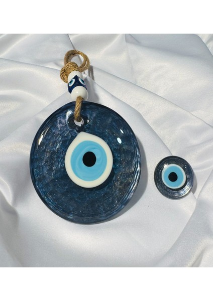 El Yapımı Hediyelik Dekoratif Nazar Boncuğu, Simli ve Ipli, Lacivert 11 cm Cam Nazarlık ve Magnet