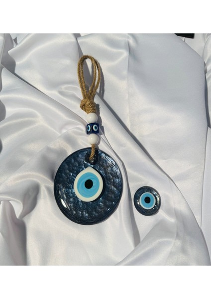 El Yapımı Hediyelik Dekoratif Nazar Boncuğu, Simli ve Ipli, Lacivert 11 cm Cam Nazarlık ve Magnet modelleri
