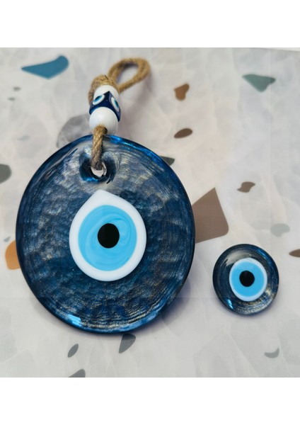 El Yapımı Hediyelik Dekoratif Nazar Boncuğu, Simli ve Ipli, Lacivert 11 cm Cam Nazarlık ve Magnet fırsatları