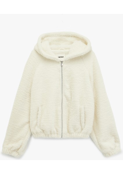 Uzun Kollu Cepli Fermuarlı Kapüşonlu Peluş Ceket