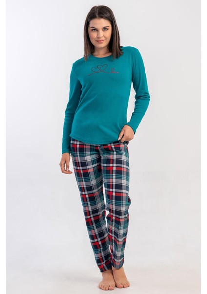 Kadın Silver Pine Renk Uzun Kollu Bisiklet Yaka Ekose Alt Interlok Pijama Takımı C4T2N2305