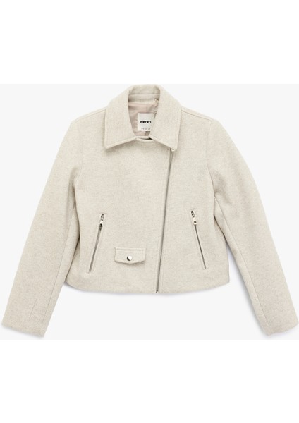 Uzun Kollu Cepli Fermuarlı Crop Kaşe Ceket