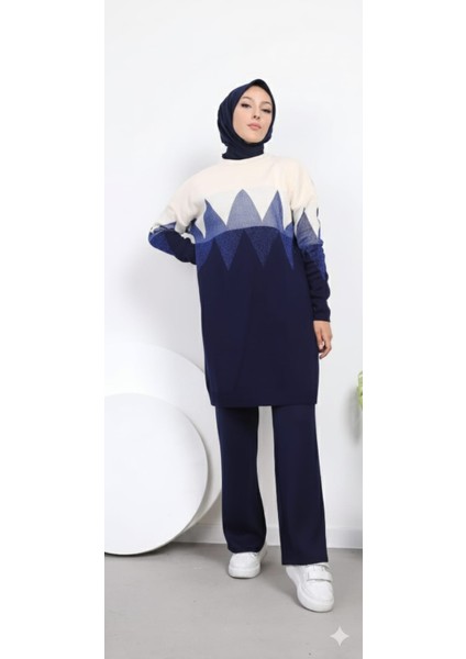 Zikzak Desenli Simli Triko Pantolonlu Tunik Takım