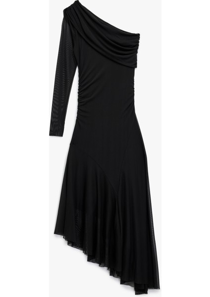 Uzun Kollu Asimetrik Etek Ucu Detaylı Midi Boy Tek Omuz Tül Elbise fiyatları