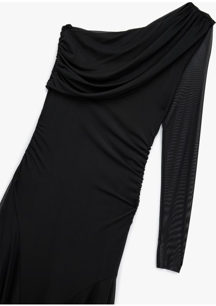 Uzun Kollu Asimetrik Etek Ucu Detaylı Midi Boy Tek Omuz Tül Elbise modelleri