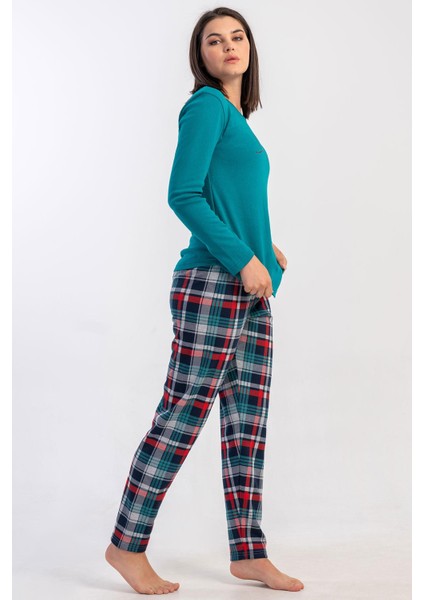 Kadın Silver Pine Renk Uzun Kollu Bisiklet Yaka Ekose Alt Interlok Pijama Takımı C4T2N2305 fiyatları