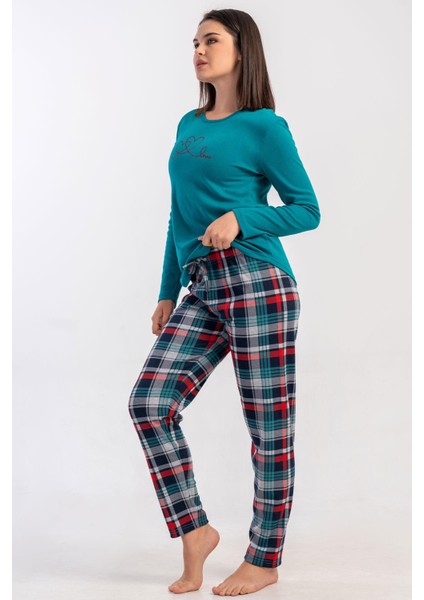 Kadın Silver Pine Renk Uzun Kollu Bisiklet Yaka Ekose Alt Interlok Pijama Takımı C4T2N2305 modelleri