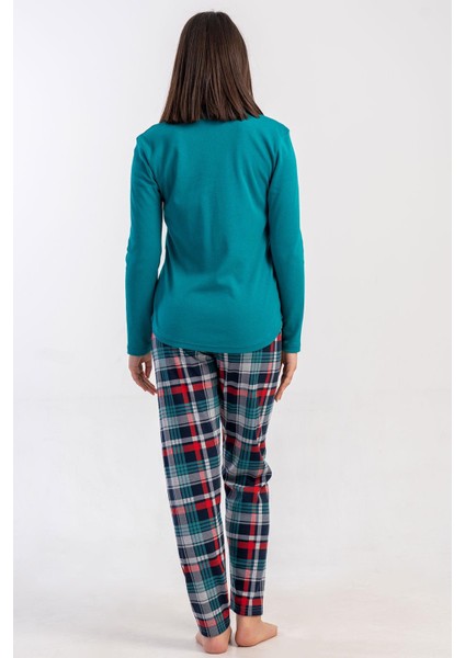 Kadın Silver Pine Renk Uzun Kollu Bisiklet Yaka Ekose Alt Interlok Pijama Takımı C4T2N2305 fırsatları