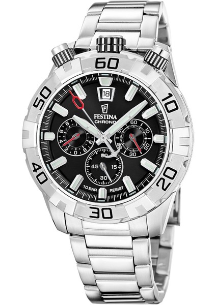 F20743/6 Quartz Kronolu Çelik Gri Siyah Kadran 10 Atm 45 mm Erkek Kol Saati