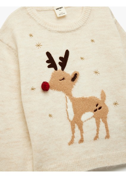 Uzun Kollu Bisiklet Yaka Jakarlı Geyik Nakışlı Triko Kazak modelleri