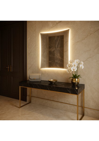 Luna LED Ayna – Kavisli Kare Formlu Modern Duvar Aynası