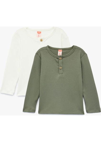 Düğmeli Uzun Kollu Bisiklet Yaka 2'li Tişört Seti