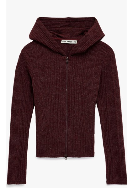 Slim Fit Kapüşonlu Uzun Kollu Dokulu Fermuarlı Hırka